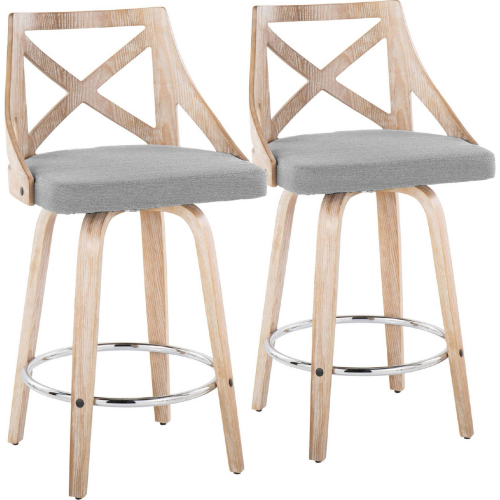 Charlotte 26" Swivel Counter Stool in White Washed Wood, Light Grey Fabric & Chrome (Set of 2)